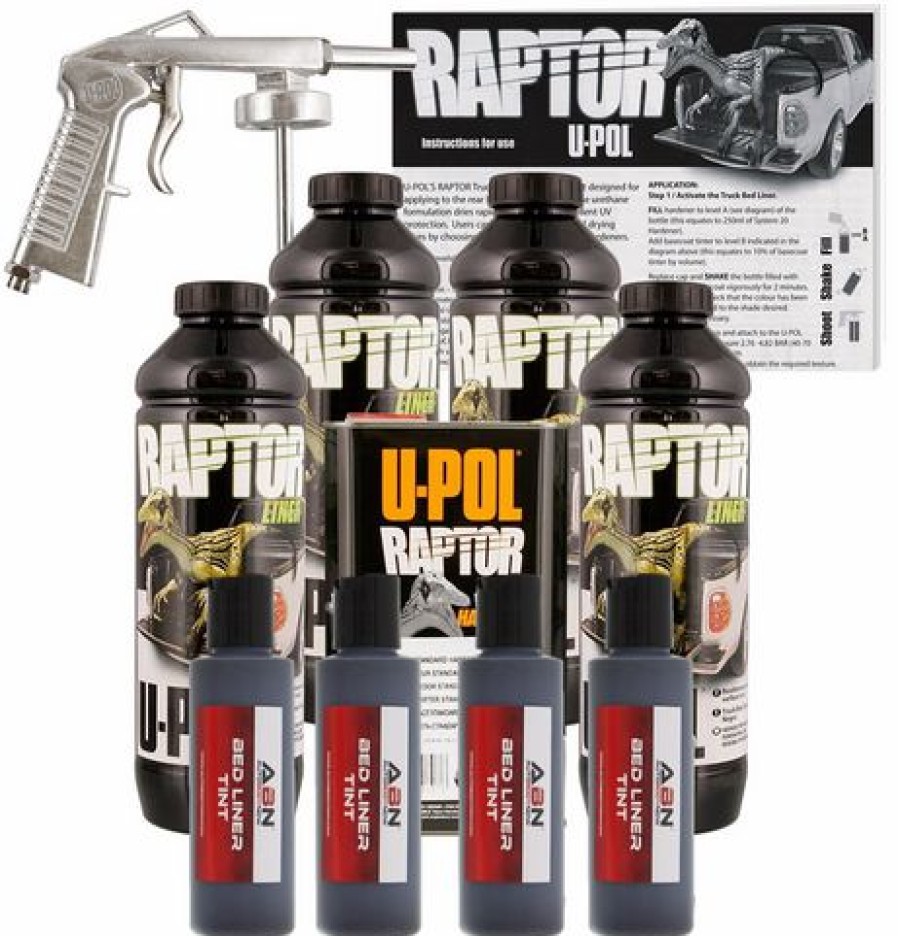 Truck Bed Liner Kits & Products * | U-Pol Raptor Tintable Black Metallic Bed Liner Kit W/ Spray Gun, 4 Liters Upol